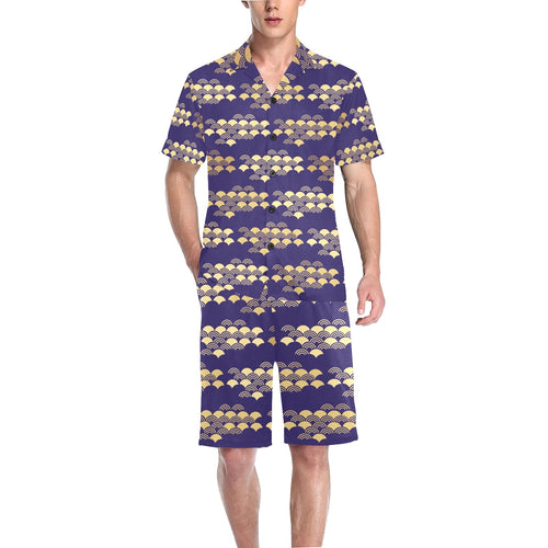 Beautiful japanese fan pattern Men's V-Neck Short Pajama Set