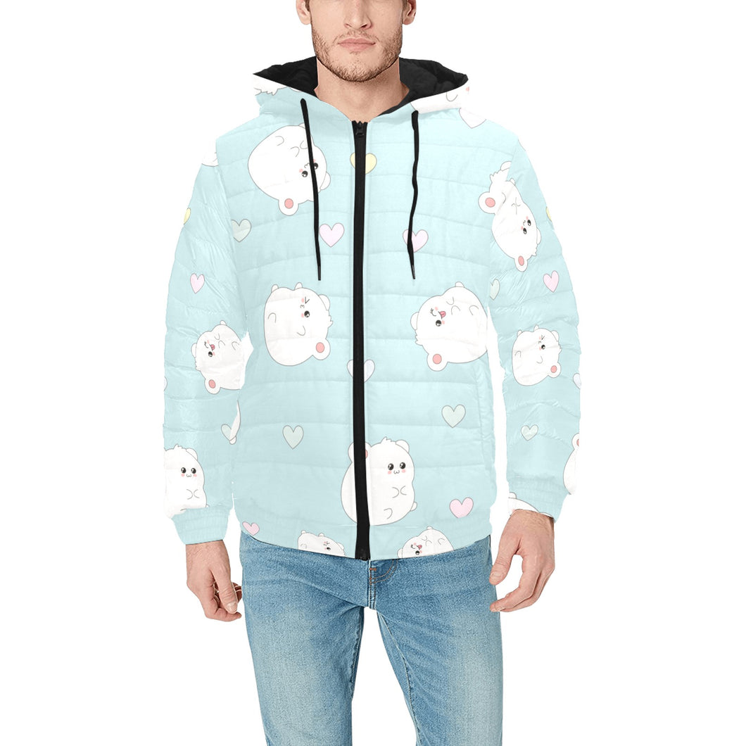 White cute hamsters heart pattern Men's Padded Hooded Jacket
