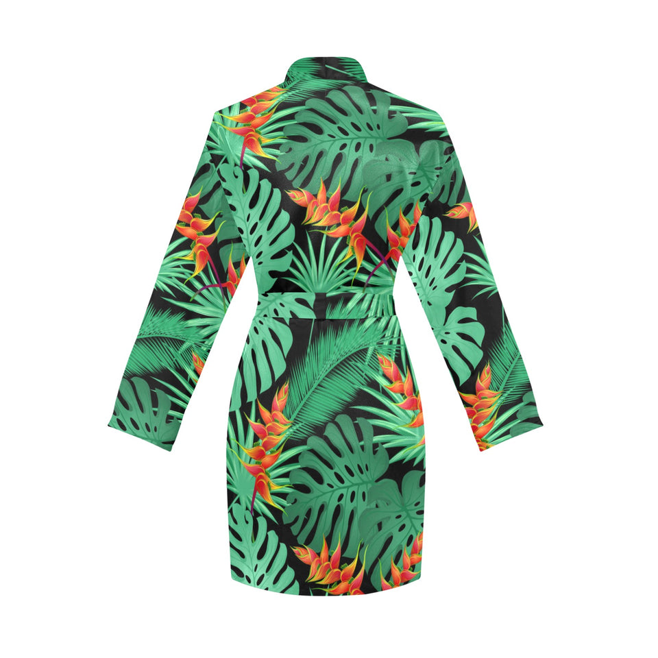 heliconia flower palm monstera leaves black backgr Women's Long Sleeve Belted Night Robe