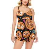 Pumpkin flowers spiderweb Halloween theme Chest Sexy Pleated Two Piece Swim Dress