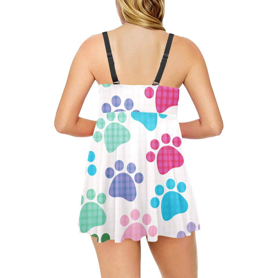 Dog Paws Pattern Print Design 01 Chest Sexy Pleated Two Piece Swim Dress