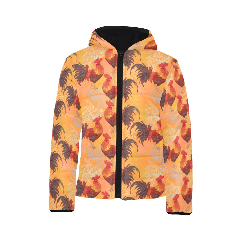 red rooster chicken cock pattern Kids' Boys' Girls' Padded Hooded Jacket