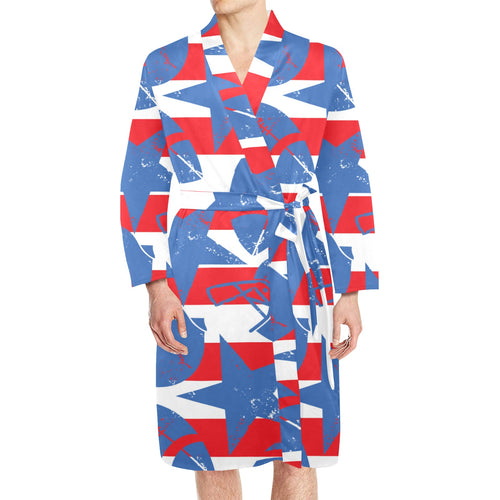 American football ball star stripes pattern Men's Long Sleeve Belted Night Robe