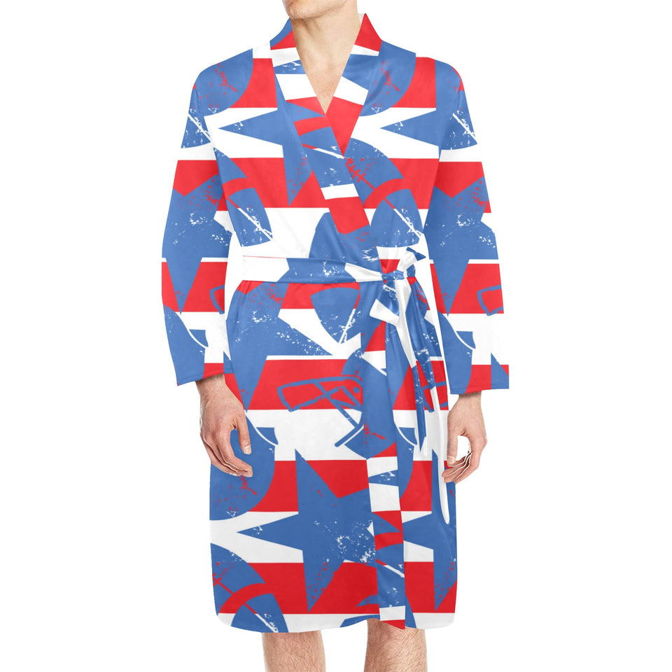 American football ball star stripes pattern Men's Long Sleeve Belted Night Robe