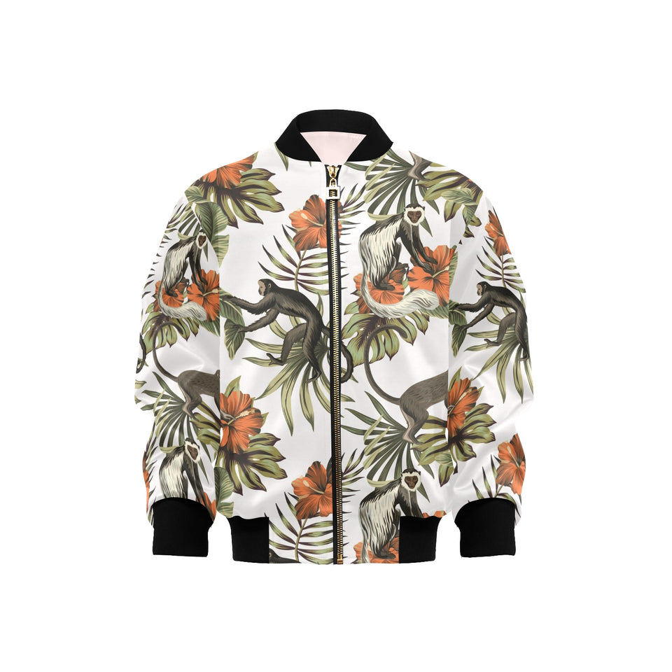 Monkey red hibiscus flower palm leaves floral patt Kids' Boys' Girls' Bomber Jacket
