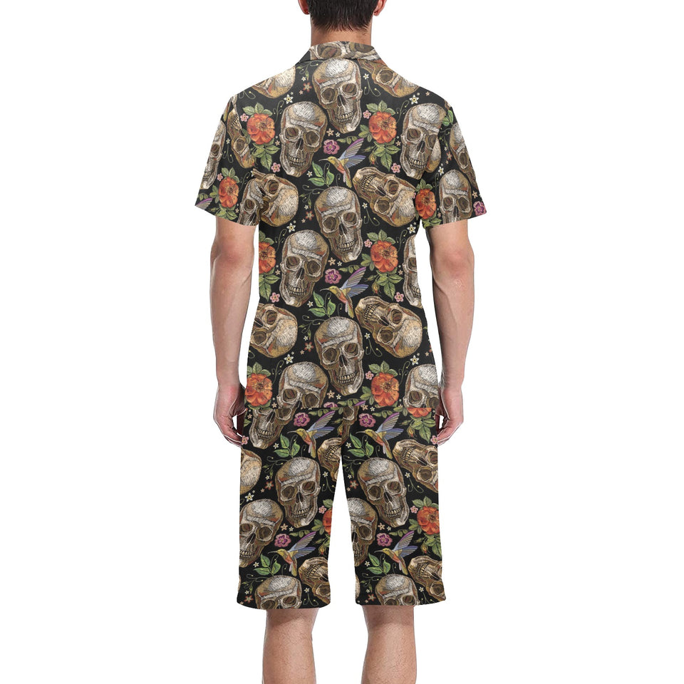 Skull rose humming bird flower pattern Men's V-Neck Short Pajama Set