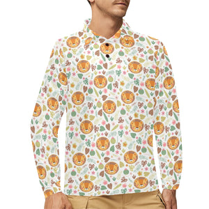 Lion Pattern Print Design 04 Men's Long Sleeve Polo Shirt