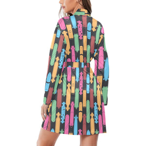 Skate Board Pattern Print Design 02 Women's Long Sleeve Belted Night Robe