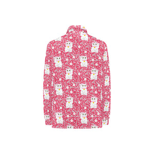 Maneki neko cat sakura pink background Women's Long Sleeve Polo Shirt
