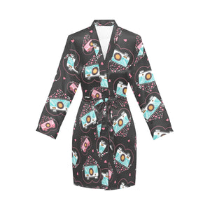 Camera Pattern Print Design 04 Women's Long Sleeve Belted Night Robe