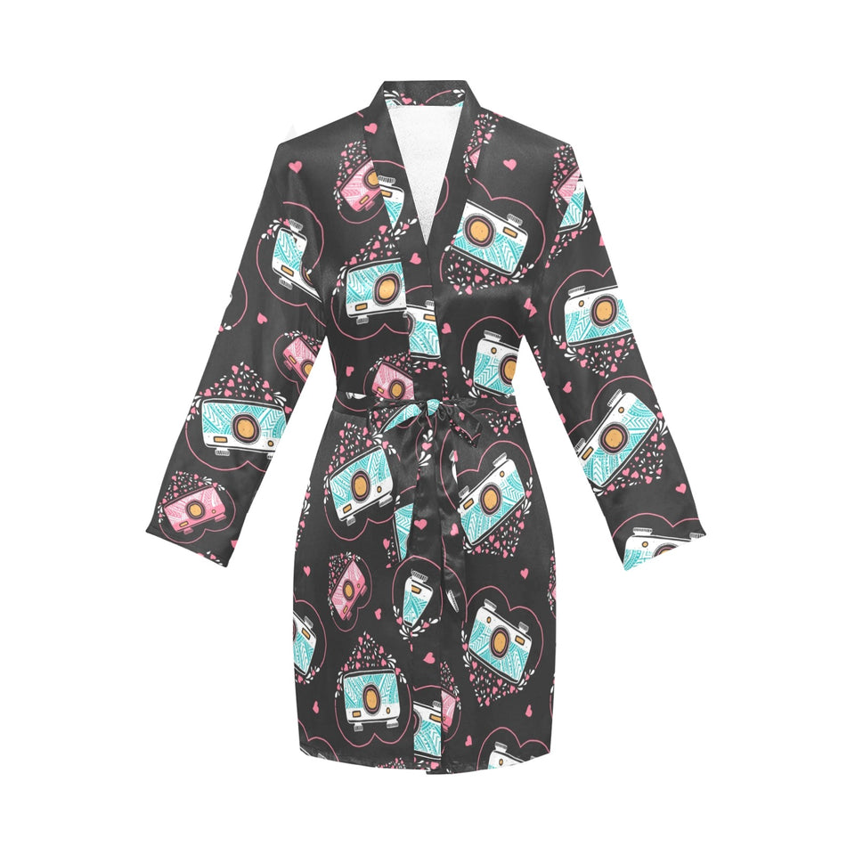 Camera Pattern Print Design 04 Women's Long Sleeve Belted Night Robe
