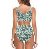 Cute sloths tropical palm leaves white background Chest Bowknot High Waisted Bikini Swimsuit