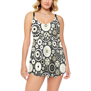 Gear Pattern Print Design 02 Chest Sexy Pleated Two Piece Swim Dress