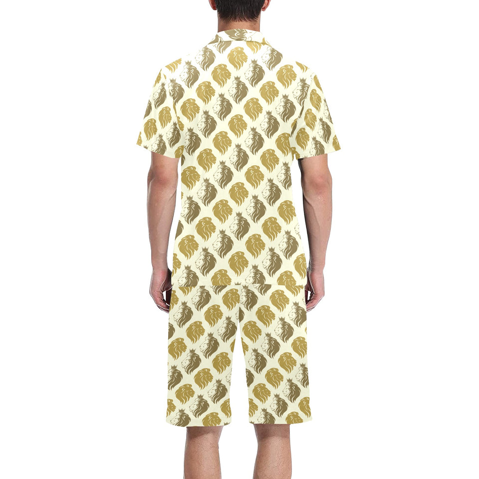 Lion Pattern Print Design 02 Men's V-Neck Short Pajama Set
