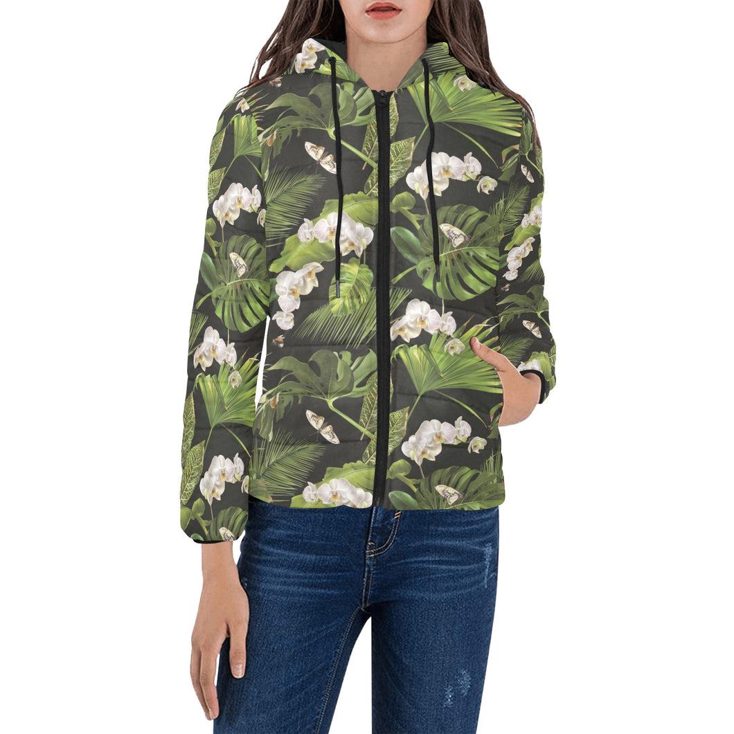 White orchid flower tropical leaves pattern blackg Women's Padded Hooded Jacket