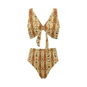 Egypt Hieroglyphics Pattern Print Design 04 Chest Bowknot High Waisted Bikini Swimsuit
