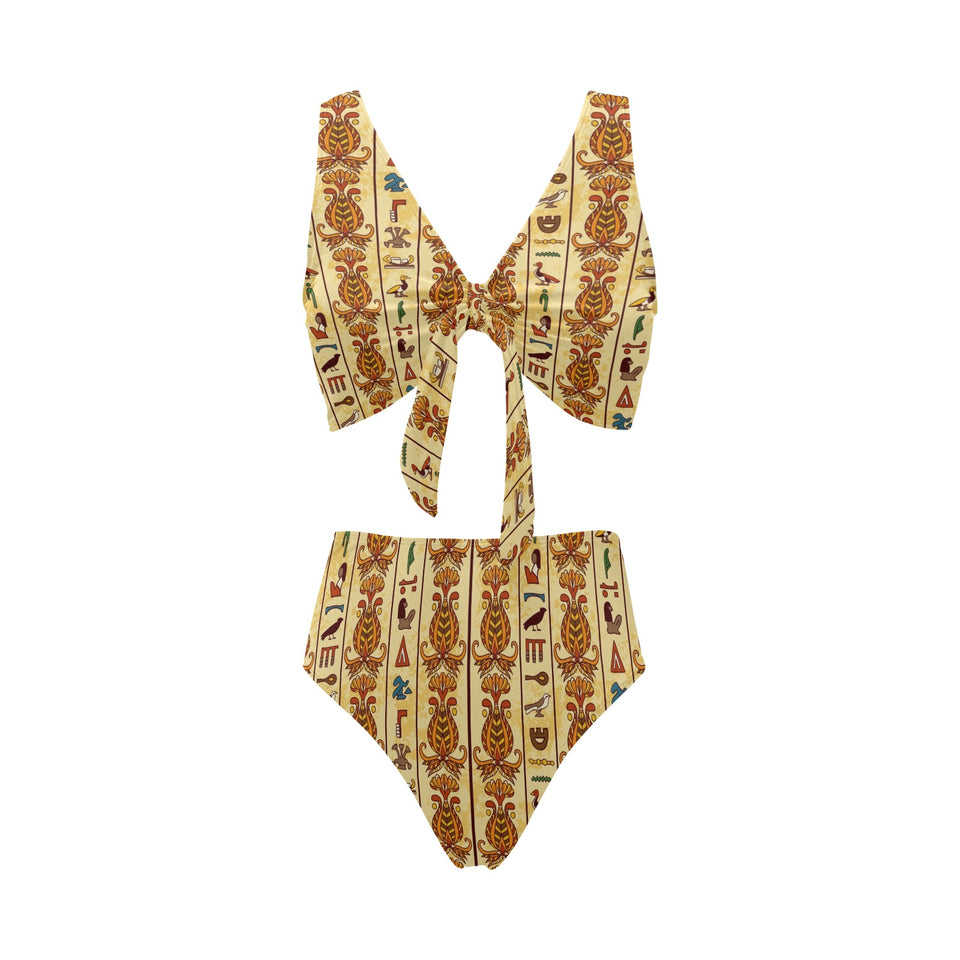 Egypt Hieroglyphics Pattern Print Design 04 Chest Bowknot High Waisted Bikini Swimsuit