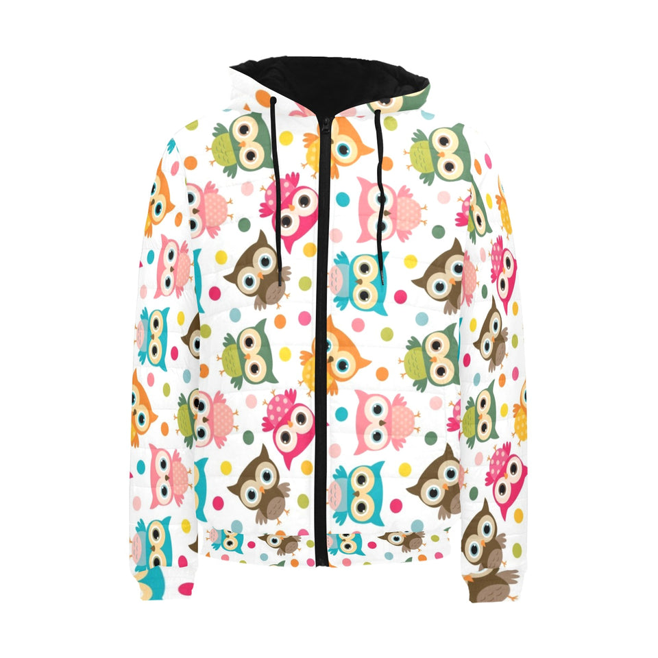 Color cute owl pattern Men's Padded Hooded Jacket