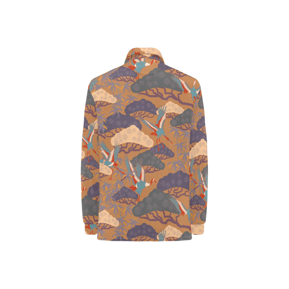 Bonsai bamboo stork japanese pattern brown theme Women's Long Sleeve Polo Shirt