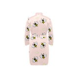 Cute bee flower pattern pink background Men's Long Sleeve Belted Night Robe
