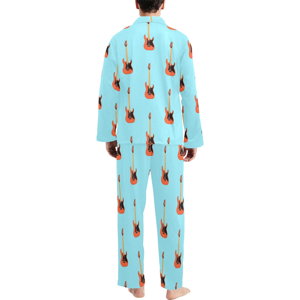 electric guitar pattern light blue background Men's Long Pajama Set