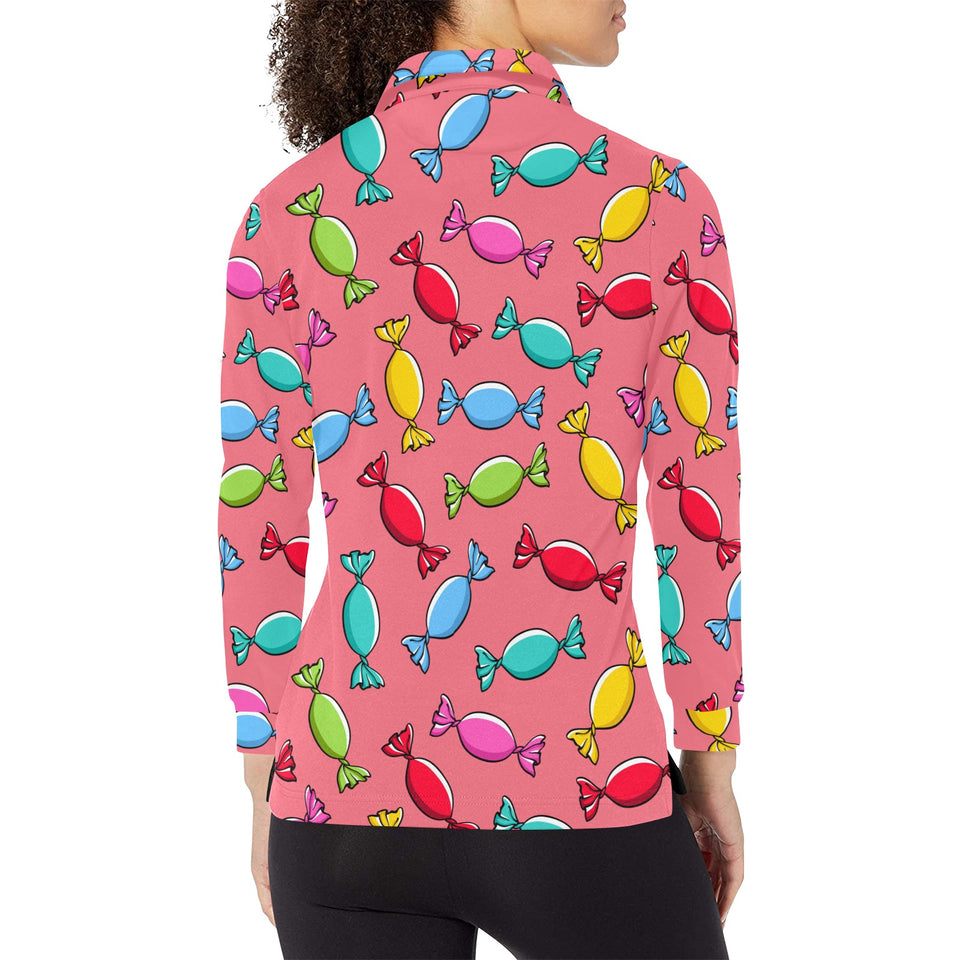 Colorful wrapped candy pattern Women's Long Sleeve Polo Shirt