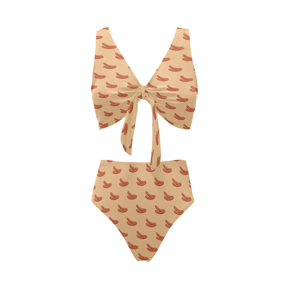 Sausage Pattern Print Design 03 Chest Bowknot High Waisted Bikini Swimsuit