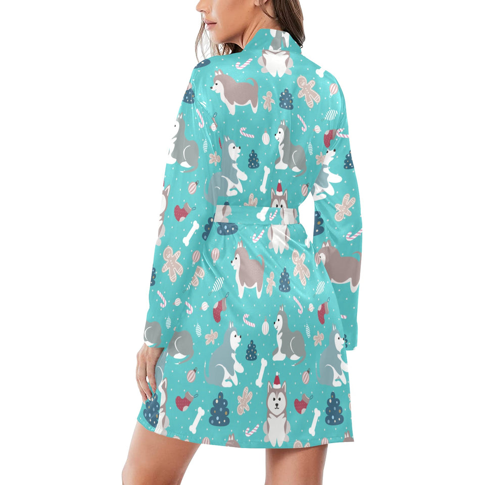 Christmas cute siberian husky puppie pattern Women's Long Sleeve Belted Night Robe