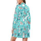 Christmas cute siberian husky puppie pattern Women's Long Sleeve Belted Night Robe