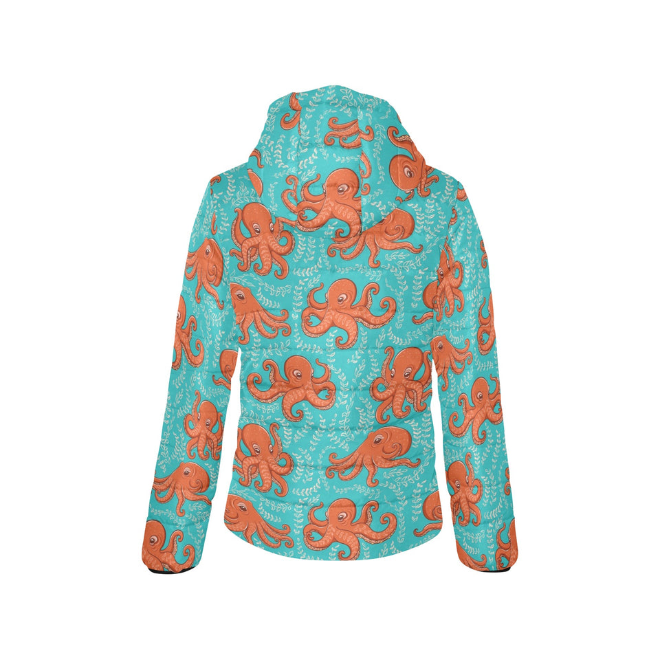 Octopus turquoise background Women's Padded Hooded Jacket