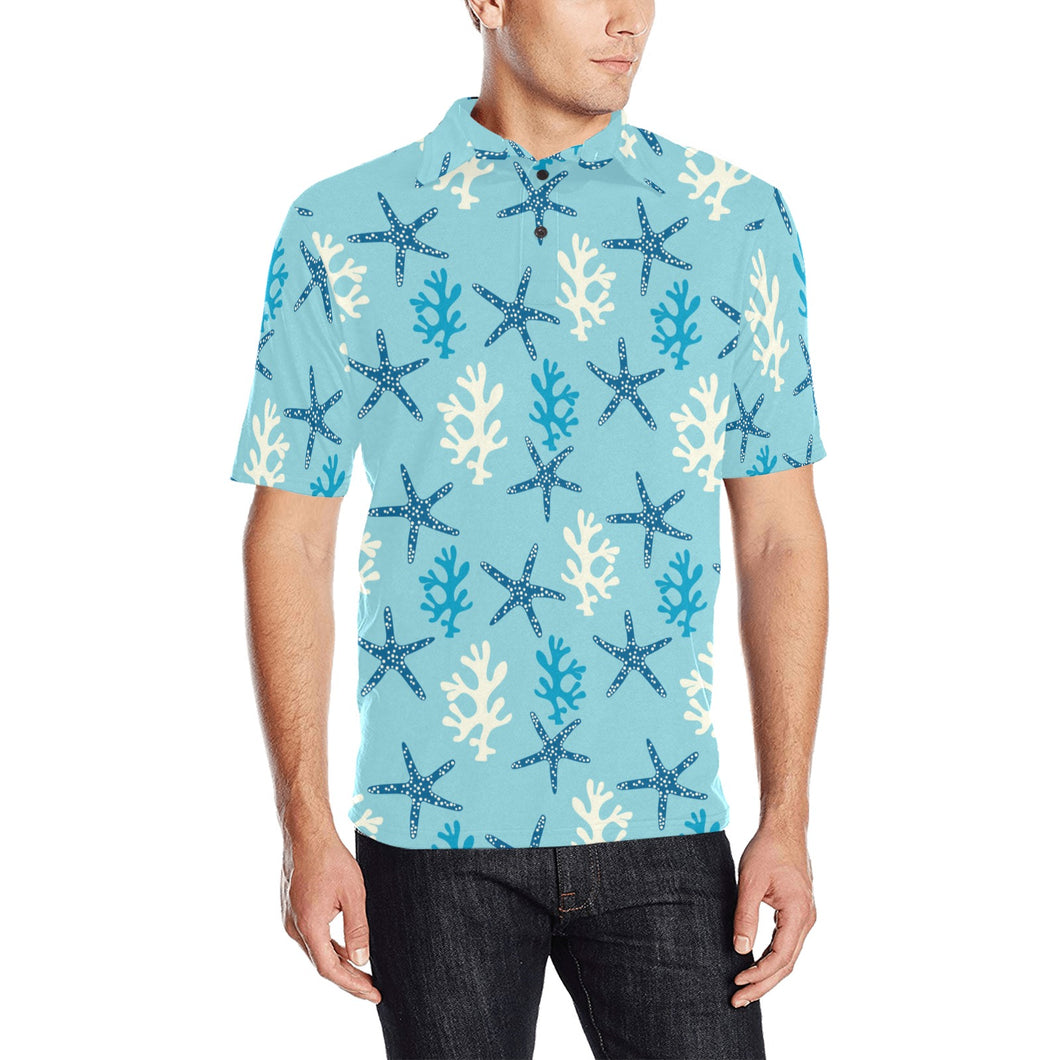 Blue starfish coral reef pattern Men's All Over Print Polo Shirt