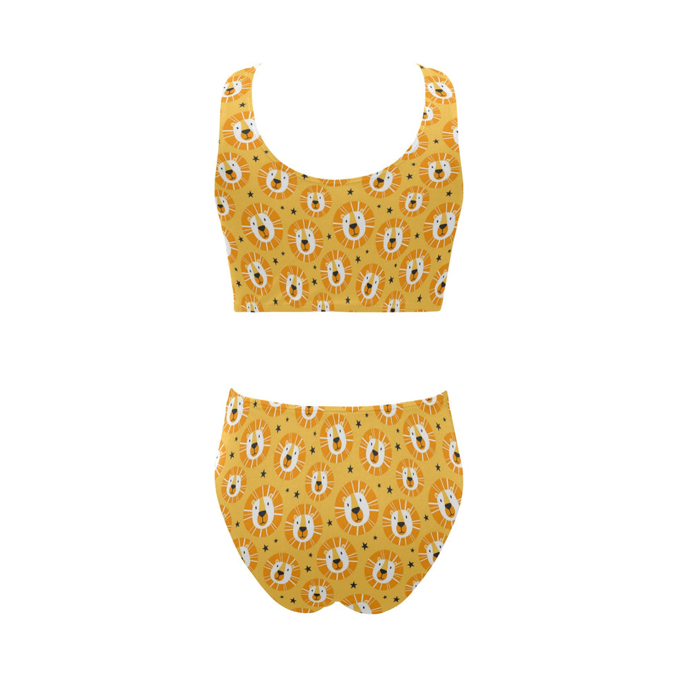Lion Pattern Print Design 03 Chest Bowknot High Waisted Bikini Swimsuit