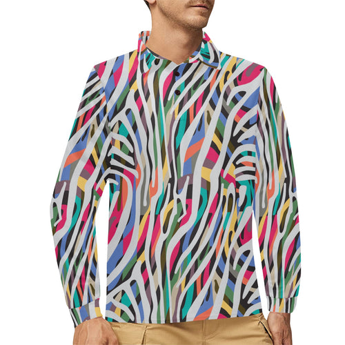 Colorful zebra skin pattern Men's Long Sleeve Polo Shirt