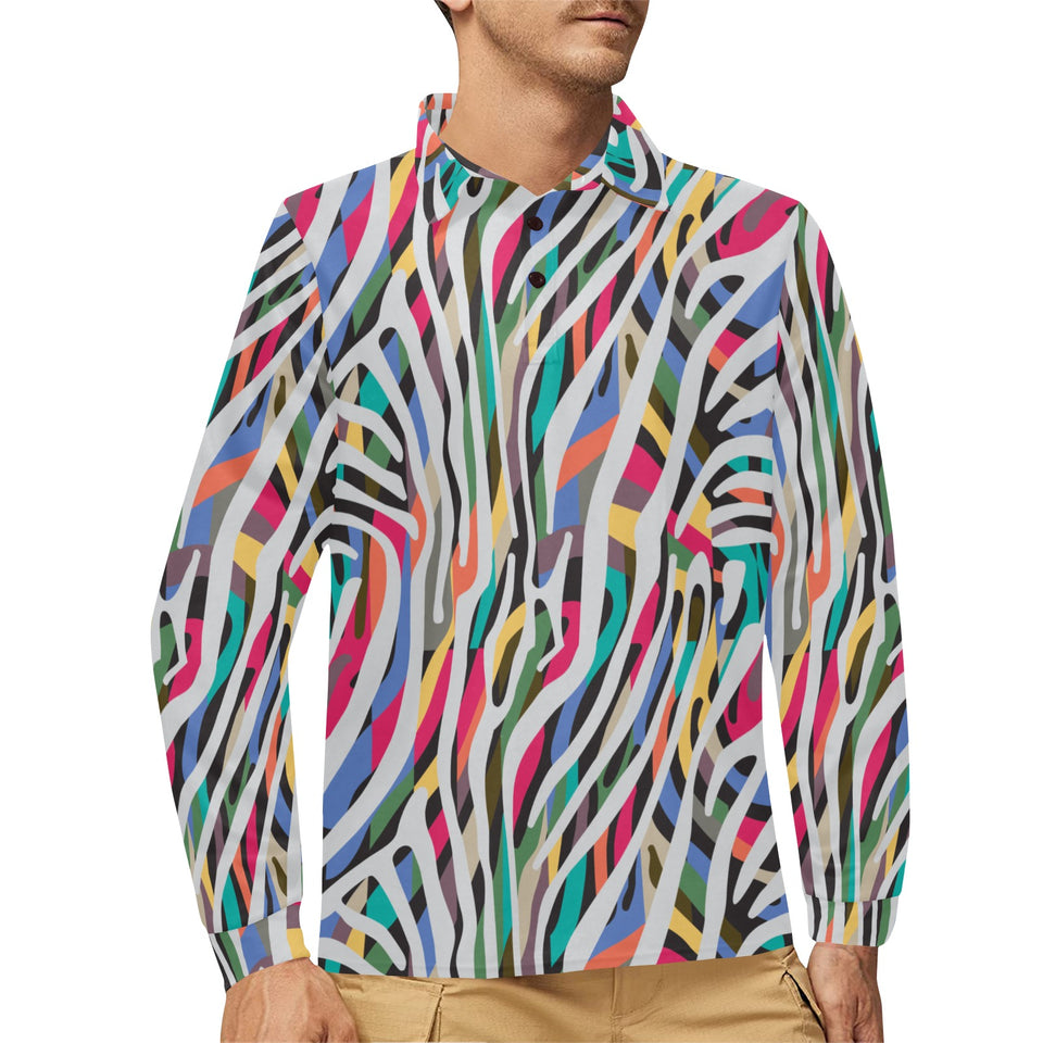 Colorful zebra skin pattern Men's Long Sleeve Polo Shirt