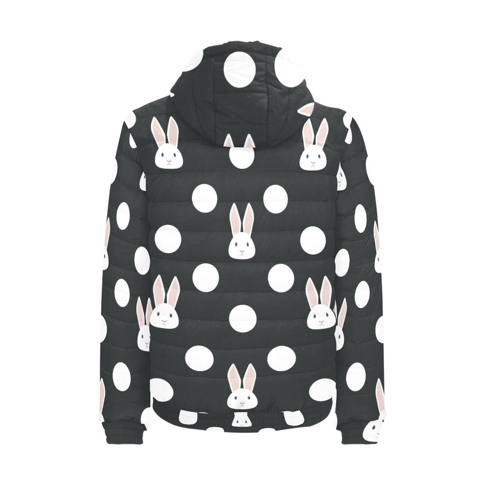 Cute white rabbit polka dots black background Men's Padded Hooded Jacket