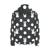 Cute white rabbit polka dots black background Men's Padded Hooded Jacket