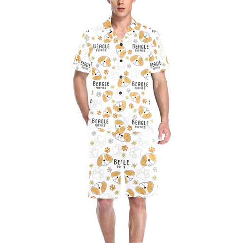 Cute beagle dog pattern background Men's V-Neck Short Pajama Set