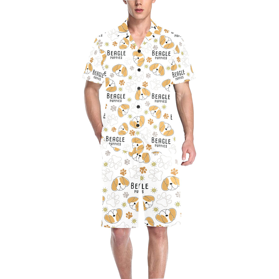 Cute beagle dog pattern background Men's V-Neck Short Pajama Set