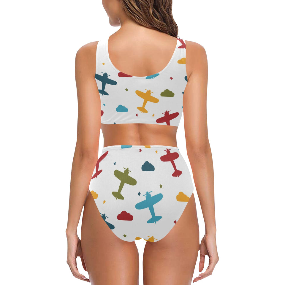 Airplane star cloud colorful Chest Bowknot High Waisted Bikini Swimsuit