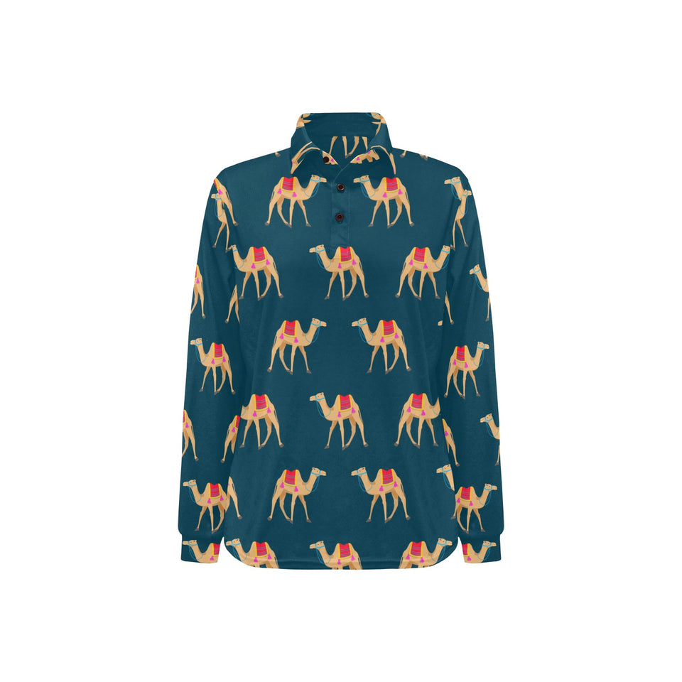 Camel pattern blue blackground Women's Long Sleeve Polo Shirt