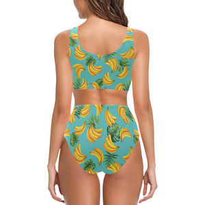 Banana Palm Leaves pattern background Chest Bowknot High Waisted Bikini Swimsuit
