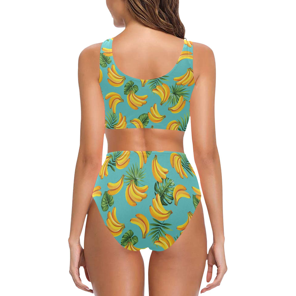Banana Palm Leaves pattern background Chest Bowknot High Waisted Bikini Swimsuit