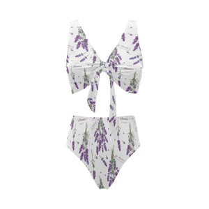 lavender flower design pattern Chest Bowknot High Waisted Bikini Swimsuit