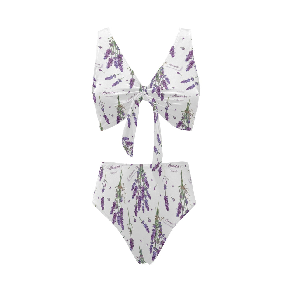 lavender flower design pattern Chest Bowknot High Waisted Bikini Swimsuit