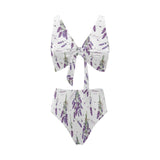 lavender flower design pattern Chest Bowknot High Waisted Bikini Swimsuit