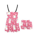 Maneki neko cat sakura pink background Chest Sexy Pleated Two Piece Swim Dress