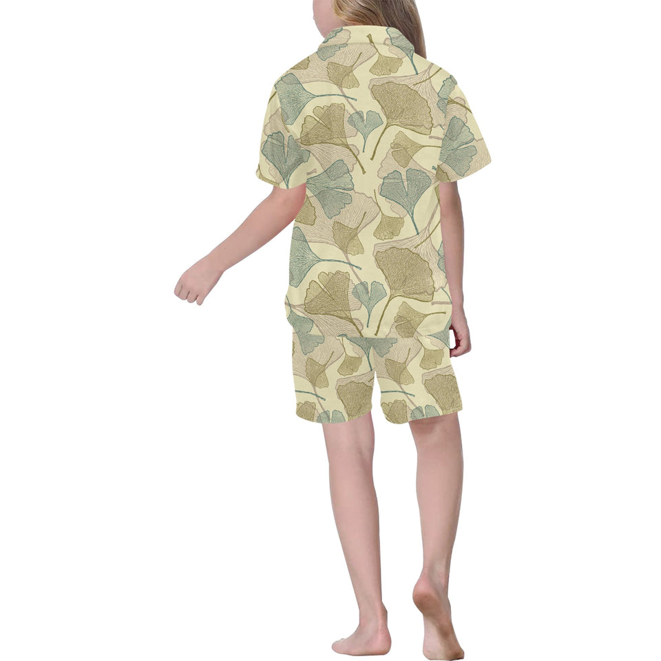Ginkgo leaves design pattern Kids' Boys' Girls' V-Neck Short Pajama Set