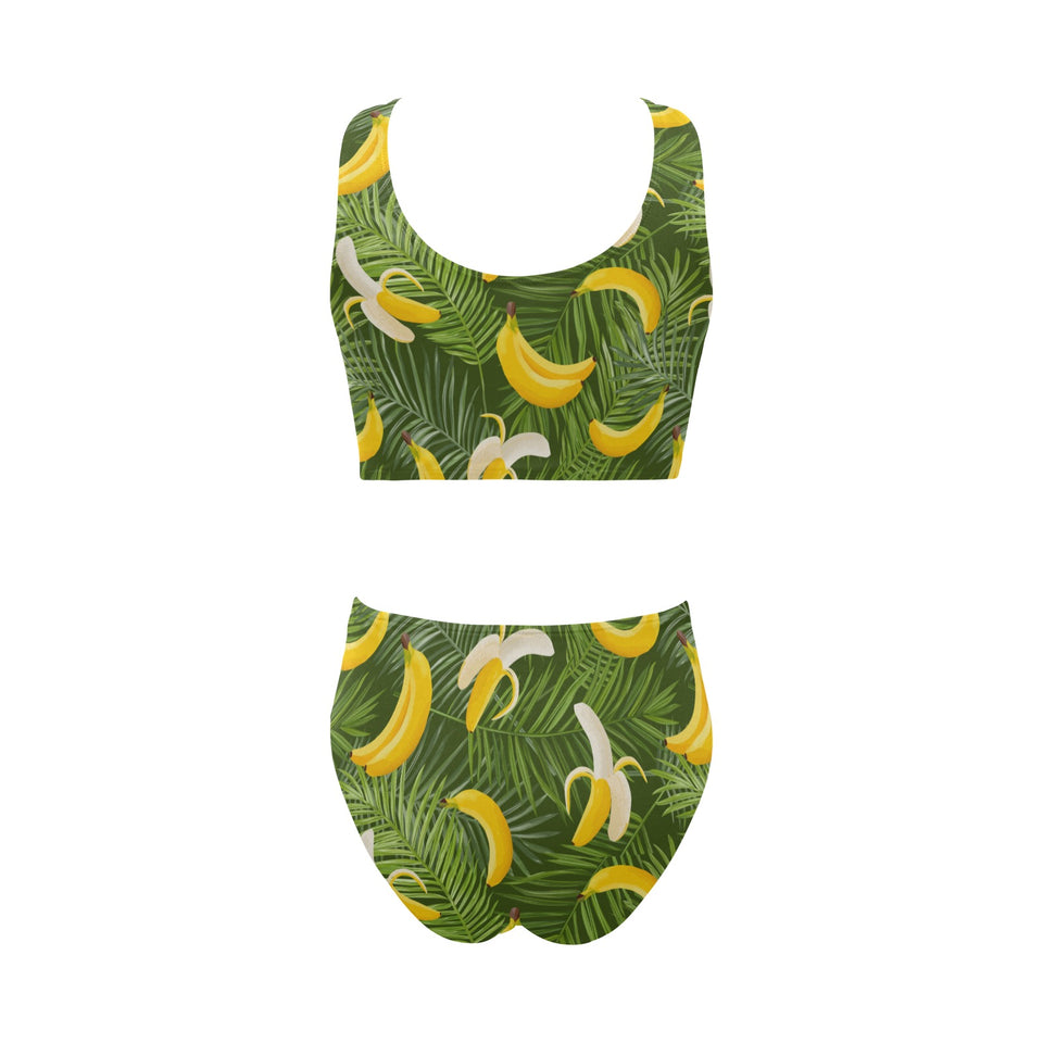 Banana Palm Leaves pattern Chest Bowknot High Waisted Bikini Swimsuit