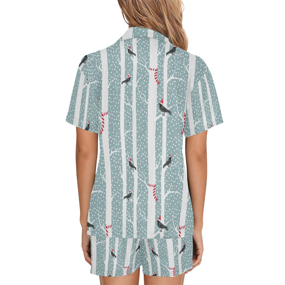 Crows christmas hat scarf Women's V-Neck Short Pajama Set