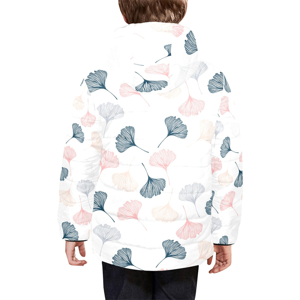 Black Gray Cream coral ginkgo leaves pattern Kids' Boys' Girls' Padded Hooded Jacket